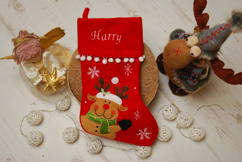 Personalised Reindeer Red Deluxe Luxury Embroidered Kids Christmas Stocking