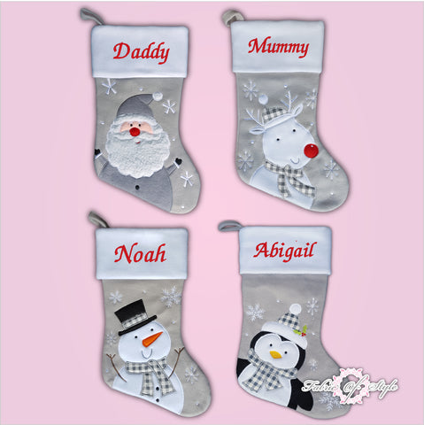 Personalised Luxury Embroidered Kids Christmas Stocking Grey Red