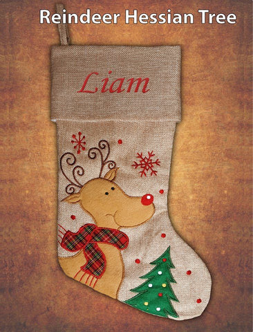Personalised Hessian Luxury Embroidered Kids Christmas Stocking Reindeer Hessian Tree