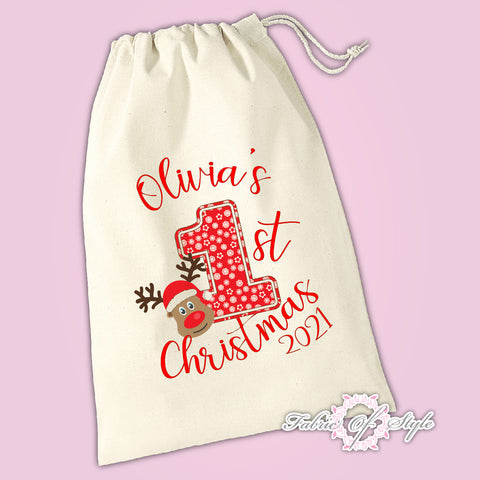Personalised My First 1st Christmas Reindeer Present Santa Sack Bag Stocking