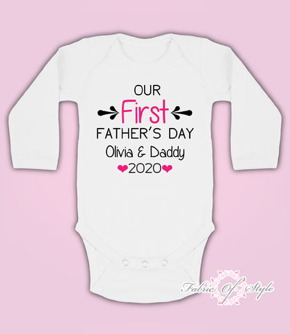 Personalised Our First Fathers Day Baby Kids  Body Suit Long Sleeve Vest Girl