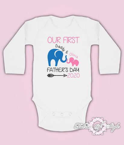 Personalised Elephant Our First Fathers Day Baby Kids Body Suit Long Sleeve Vest Girl