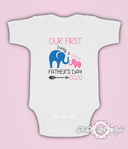 Personalised Elephant Our First Fathers Day Baby Kids  Body Suit Vest Girl
