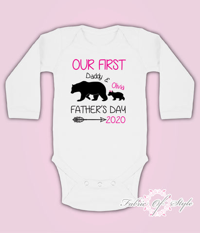 Personalised Bear Our First Fathers Day Baby Kids Body Suit Long Sleeve Vest Girl