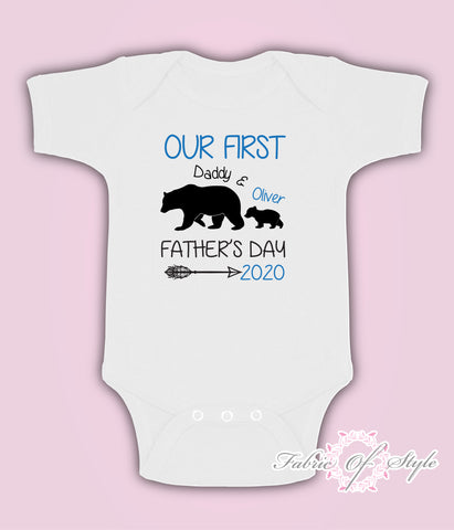 Personalised Bear Our First Fathers Day Baby Kids  Body Suit Vest Boy