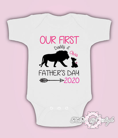 Personalised Lion Our First Fathers Day Baby Kids  Body Suit Vest Girl