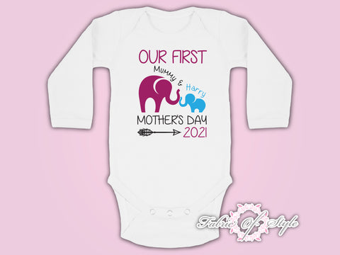 Personalised Elephant Our First Mothers Day  Baby Kids Body Suit Long Sleeve Vest Boy