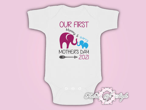 Personalised Elephant  Our First Mothers Day Baby Kids 2021 Body Suit Vest Boy
