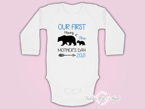 Personalised Bear Our First Mothers Day  Baby Kids Body Suit Long Sleeve Vest Boy