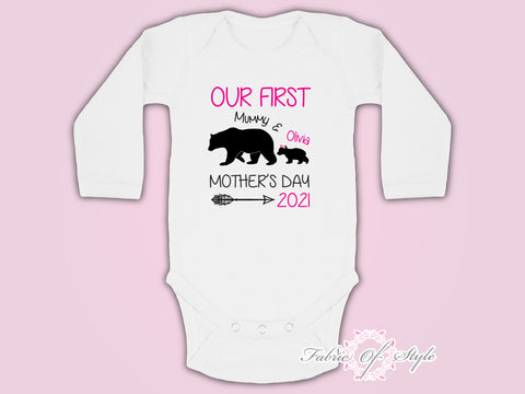 Personalised Bear Our First Mothers Day  Baby Kids Body Suit Long Sleeve Vest Girl