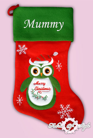 Personalised Owl Green Deluxe Luxury Embroidered Kids Christmas Stocking