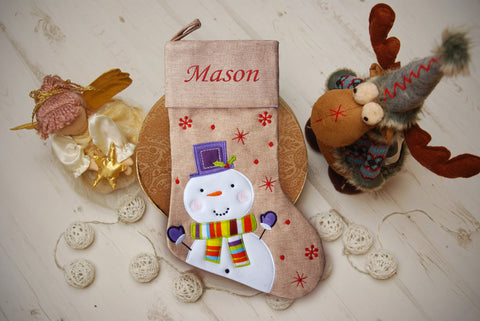 Personalised Hessian Luxury Embroidered Kids Christmas Stocking Snowman Coloured Scarf