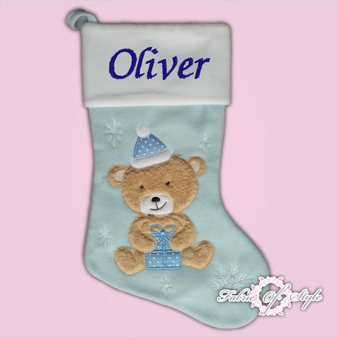 Personalised  Deluxe Luxury Embroidered Kids Christmas Stocking Teddy with gift blue