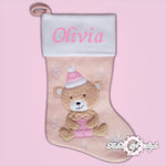 Personalised  Deluxe Luxury Embroidered Kids Christmas Stocking Teddy with gift pink