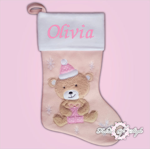 Personalised  Deluxe Luxury Embroidered Kids Christmas Stocking Teddy with gift pink