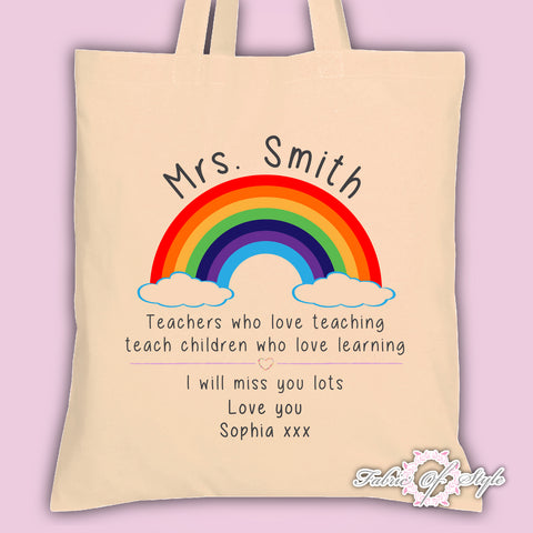 PERSONALISED  Tote Bag Thank You Teacher School Gift Rainbow Design Natural