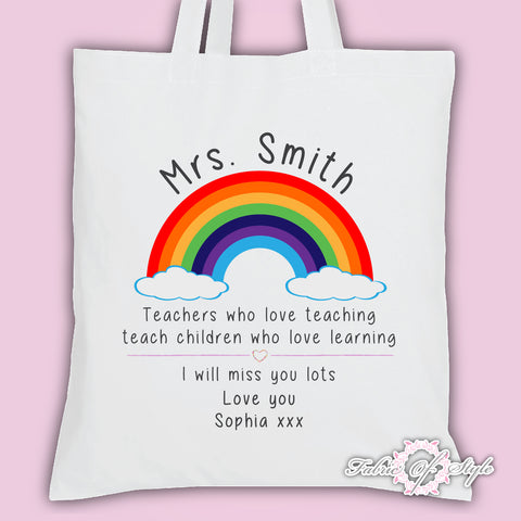 PERSONALISED  Tote Bag Thank You Teacher School Gift Lockdown Rainbow  Design White