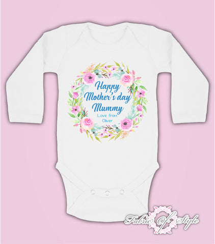 Personalised Wreath First Mothers Day Baby Kids 2021 Body Vest long sleeve Boy